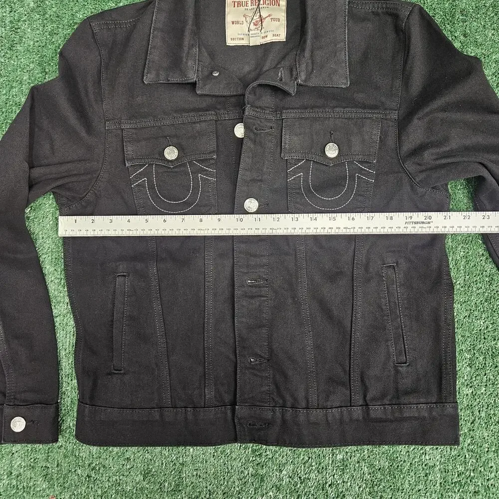 New True Religion Jacket Mens Medium Black Denim Jean Trucker Slim